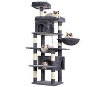 Heybly Arbre À Chat, De 178 cm De Hauteur, Colonne À Griffer pour Les Chats D'Intérieur, Arbre À Chat Multi-Étagé avec 8 Colonnes À Griffer, 2 Trou, 2 Plateformes, Hamac, Panier, Gris Clair HCT036G