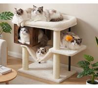 Heybly Arbre À Chat, Grande Plateforme 54 x 40 cm en Peluche, Maison en Bois, Hauteur 57.5 cm, Ses Tubes en Fer Et Base Large Procurent Bonne Stabilité, Parfait pour Chats Gras,Brun Vintage HCT017SR