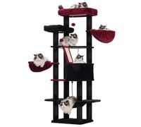 Heybly Arbre à Chat, Hauteur 173 cm Tour de Jeux, avec 2 Plateformes, 17 Griffoirs, 1 Planche à Griffer, 2 Panier, 1 Niche, 1 Hamac, 2 Pompons, Multi-Niveaux, Tissu Peluche, Noir Et Rouge HCT025BR
