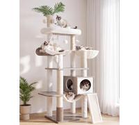 Heybly Arbre à Chat Moderne, Arbre à Chat en Bois avec 5 Griffoirs, Planche à Griffer, Panier, Tour de Jeu 156 cm, Niche, Plateforme, Hamac, 3 Pompons, Tapis Lavables, Gris Rustique HCT120SG