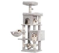 Heybly Arbre à Chat, Tour de Grimpe à Tige à Griffer Multi-Étagé de 145 Centimètres de Hauteur, Équipé de Deux Grandes Plateformes, d'une Grande Hâmatte, d'un Panier à Chat, Gris fumé HCT016W