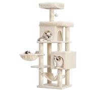 Heybly Arbre à Chat, Tour de Grimpe à Tige à Griffer Multi-Étagé de 145 Centimètres de Hauteur, Équipé de Deux Grandes Plateformes, d'une Grande Hâmatte, d'un Panier à Chat, Beige HCT016M