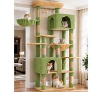 Heybly Arbre à Chat XXL 193cm, Base Extra Large, pour Gros Chats HCT039GY | Tour Lourde, 10 Poteaux en Sisal, 2 Hamacs pour Chats, 2 Niches Design, Mobilier et Couchage pour Chats Géants, Vert et Jaune