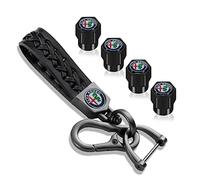 HEYCE Porte-clés en Cuir véritable Bouchons de Valve en métal Noir pour Alfa Romeo Stelvio Giulia Brera Logo Bouchons de Valve de Pneu Cadeau pour Hommes Femmes