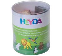 HEYDA Kit de 15 tampons bois motifs animaux du zoo - encre noire - boîte transparente