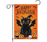 Heyfibro Drapeau de jardin en forme de chat noir avec inscription « Happy Halloween » - Double face - Citrouille - Chapeau de sorcière - Crâne