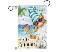 Heyfibro Hello Summer Nain avec drapeau de jardin cocktail 30,5 x 45,7 cm en toile de jute double face, Hawaï, plage tropicale, vacances, océan, mer, bienvenue, fleur, cour, bannière pour décoration