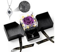 Heymirro Collier en argent 925 avec véritable rose violette préservée avec inscription « I Love You » - Cadeau d'anniversaire pour femme/maman/petite amie/amie, idéal pour un anniversaire, Noël, la