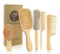 HEYMKGO 5 Brosses à Cheveux en Bambou,Naturel Peignes en Bois De Massage Brosse Demelante Cheveux pour Cheveux Secs/Frisés/Mouillés, Brosse Cheveux Femme et Homme