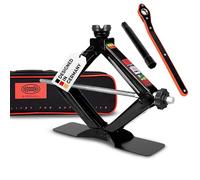 HEYNER® Cric à ciseaux à selle ronde, 2 t avec cliquet, pied extra-large, molette pratique, livré avec sac de rangement + douille de 17 + patin en caoutchouc interchangeable à 360°, certifié TÜV et GS