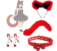 Heyokoy Ensemble de costume de renard séduisant rouge et noir avec bandeau à oreilles de chat en peluche et collier avec clochette et queue