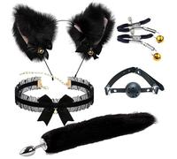 Heyokoy Ensemble de déguisement d'animal renard Bandeau avec oreilles de renard et queue à attacher Collier pour le cou Saint-Valentin, fête, jeu de rôle Noir