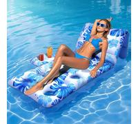 HeySplash Flotteur de Piscine, Bateau Gonflable pour Adulte avec Dossier Réglable, Flotteur avec Porte-Gobelet pour Plages, Lacs, Flotteurs Adultes Facile à Utiliser, Feuille de Palme Bleue
