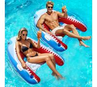 HeySplash Flotteur de Piscine pour Adulte, 2 Paquets Chaise Flottante Requin avec Porte-Gobelet, Bateau Flottant pour Piscine avec Poignées, Flotteurs Gonflables pour Piscine Plage Lac, Requin Bleu