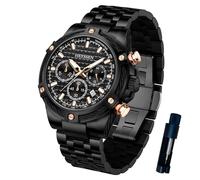 Heyssen Montre chronographe pour homme - Bracelet en acier inoxydable - Cadran lumineux - Montre chronographe étanche avec minuterie et cadeaux d'anniversaire pour homme, noir