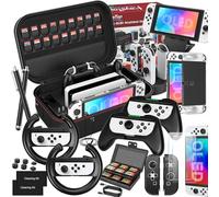 HEYSTOP 28 en 1 Accessoires pour Switch OLED Pack AVCE Cover Coque Protection Switch OLED et Protecteur D'écran Comfort,Grip Volant et Poignée Grip Cover, Thumb Grip, Support de Jeux Ect -Noir