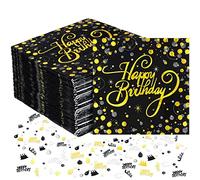 Heyu-Lotus Lot de 60 serviettes Happy Birthday - Noir et doré - 33 x 33 cm - Avec 15 g de confettis d'anniversaire pour décoration de fête