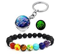 HEYU Porte-clés lumineux 12 Constellations avec boule de cristal double face, pendentif avec perles des sept chakras, bracelet de couple, charme cadeaux pour femmes (2 pièces), Poissons, 1