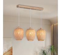 HEYUN Main En Bambou Naturel Lustre Tissage 3 Lumières Vintage Luminaire Suspendu Rotin Tissé Créatives Réglable E27 Lumiere Plafond Restaurant Salon Chambre Rétro Table À Manger Suspensions Lamp