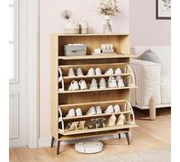 HFASD Armoire à Chaussures en Rotin, Meuble à Chaussure avec 2 Abattants et Etagères Réglables, Rangement Chaussures Etroit avec Pieds en Métal, pour Couloir, Entrée et Salon, Couleur Bois Clair