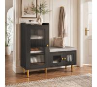 HFASD Banc à chaussures avec assise, meuble à chaussures avec banc, étagère à chaussures avec armoire haute latérale et porte en verre, paroi intermédiaire réglable, siège rembourré, banc avec espace