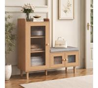 HFASD Banc à chaussures avec assise, meuble à chaussures avec banc, étagère à chaussures avec armoire haute latérale et porte en verre, paroi intermédiaire réglable, siège rembourré, banc avec espace