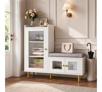HFASD Banc à chaussures avec assise, meuble à chaussures avec banc, étagère à chaussures avec armoire haute latérale et porte en verre, paroi intermédiaire réglable, siège rembourré, banc avec espace