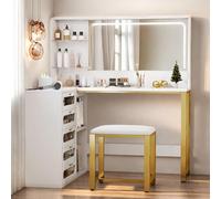 HFASD Coiffeuse d'angle en L, Coiffeuse Blanche avec Miroir LED et Tabouret, 3 Modes d'Éclairage, Table de Maquillage avec 5 Tiroirs ER 2 Etageres Enacrylique, 120x80x135 cm