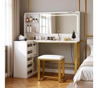 HFASD Grande coiffeuse de maquillage avec lumière LED et tabouret, coiffeuse d'angle blanche en L avec miroir, 2 étagères ouvertes et 5 tiroirs, table de maquillage moderne pour chambre, salon, 120 x