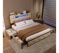 HFASD Lit capitonné, 140 x 200 cm, avec espace de rangement, 140 x 200 cm, avec éclairage LED et USB, lit double avec 4 tiroirs, espace de rangement, fonctionnel, avec sommier à lattes, velours, sans