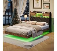 HFASD Lit capitonné, 160 x 200 cm, lit flottant, avec éclairage LED et station de charge, cadre de lit flottant, avec tête de rangement, cadre de lit en métal, pour chambre à coucher, chambre d'amis