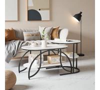 HFASD Lot de 2 Tables Basses Gigognes, Table Basse Marbre avec étagères Ouvertes, Table de Salon avec Pieds en Métal, Tables d'appoint pour Salon, Balcon, Chambre, Blanc Marbré et Noir