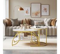 HFASD Lot de 2 Tables Basses Gigognes, Table Basse Marbre avec étagères Ouvertes, Table de Salon avec Pieds en Métal, Tables d'appoint pour Salon, Balcon, Chambre, Blanc Marbré et Doré