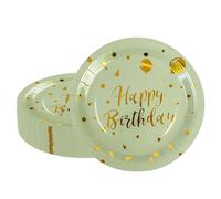 HFBOBP Lot de 50 assiettes en carton « Happy Birthday » - 17,8 cm - Vert sauge - Décoration de fête d'anniversaire pour garçons et filles
