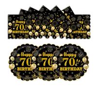 HFBOBP Lot de 50 assiettes et serviettes en carton jetables pour fête d'anniversaire 70 ans, 17,78 cm, noires et dorées, dessert, fête, pour mariage, anniversaire