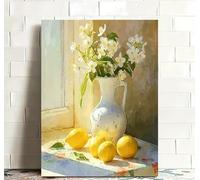 HFEWQM Tableau sur toile représentant une nature morte avec des fleurs de jasmin blanc et des citrons, idéal pour le rebord de fenêtre du salon (20 x 30 cm/sans cadre)