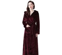 HFGDRH Peignoir Peluche Mi-Long, Peignoir Thermique Extra Long à Capuche for Hommes et Femmes, Grande Taille, épais, Chaud, Robe de Chambre, Robes Demoiselle d'honneur, Hiver(Wine Red women1,L)