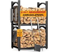 HFHOME Range Buche Interieur Exterieur 2-en-1 Porte Buche, Abri Buches Pour Rangement Bois, Range-Bûches 78 x 46 x 32 cm Avec Accessoires Pour Poêle: Pelle, Balai, Pince et Tisonnier