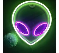 HFHungkeong 1 panneau en forme de tête d'alien néon vert et violet - Fonctionne avec USB ou 3 piles AA - Pour chambre d'enfant, salle de jeux - Décoration murale