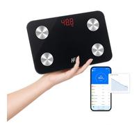 HFitness Pèse-Personne de Voyage Compact Balance Impédancemètre Numérique avec Application pour iOS et Android 19 Indicateurs Corporels Capacité 180 kg 28 x 18 cm Noir