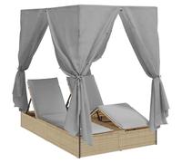 HFMDRMU Bain de soleil double gris 205 x 129 x 200 cm en polyrotin avec toit et rideaux, dossier et repose-pieds réglables, deux coussins d'assise avec housses amovibles