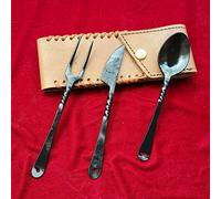HFTC01x Set de couverts forgés à la main de style médiéval | 3 pièces (couteau, fourchette, cuillère) avec étui en cuir | Coffret cadeau pour cuisine, camping et barbecue