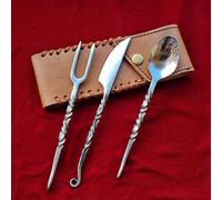 HFTC07x Set de couverts forgés à la main de style médiéval | 3 pièces (couteau, fourchette, cuillère) avec étui en cuir | Cuisine, camping et barbecue