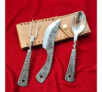 HFTC10x Set de couverts forgés à la main de style médiéval | 3 pièces (couteau, fourchette, cuillère) avec étui en cuir | Coffret cadeau pour cuisine, camping et barbecue