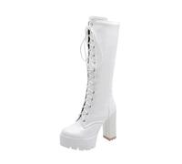 HFWXYSA Femme Plateforme Mi-Mollet Bottes Fermeture Eclair Lacets Bloc Talon 11CM High Heels Causal Zippées Hiver Longue Boots Confortable Botte,Blanc,40 EU