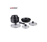 Herzberg Batterie de cuisine HG-5000 – 10 pièces, revêtement pierre, manche amovible, noir