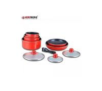 Herzberg Batterie de cuisine HG-5000 – 10 pièces, revêtement pierre, manche amovible, Rouge