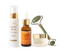 HG AESTHETICS Guten-Morgen-Glow Routine - HoneyDew Exfoliant Miel Nettoyant (125ml), 7% Sérum Vitamin C (30ml), HoneyGlow Crème Hydratante Feuchtigkeit SPF15 (50ml) & Jade Roller