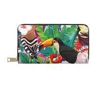 Hgbbdyyjj Portefeuille long de qualité supérieure avec oiseaux tropicaux et feuilles de plantes pour homme et femme - Portefeuille zippé en cuir synthétique avec 12 emplacements pour cartes et poche