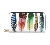 Hgbbdyyjj Portefeuille long de qualité supérieure avec plumes dessinées à la main colorées sur fond blanc pour homme et femme - Portefeuille zippé en cuir synthétique avec 12 emplacements pour cartes